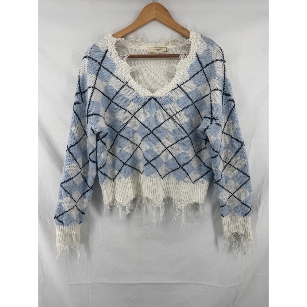 No Comment NY-LA Womens Blue White Argyle Distressed V-Neck Cropped Sweater L